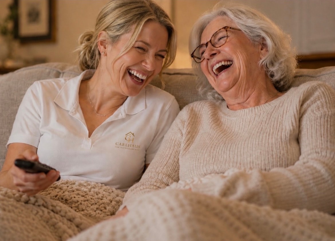 Carehaus caregiver and client laughing